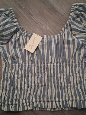 Blue and White Striped Shirred Puff Sleeve Summer Festival Crop Top Blouse